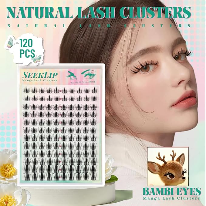 Lash Clusters Manga Fairy C Curl Deer Eyelash Clusters Natural Spiky Cluster Eyelash Extensions 120PCS 8-16MM Mixed Clear Band Doe Eyed Anime Wispy Lashes Cluster (Breath)