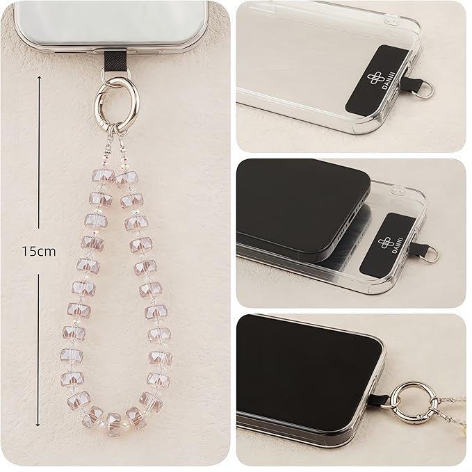 Crystal Beaded Phone Wrist Strap Glass Beads Bracelet Lanyard Crystal Chain Cell Phone Wristlet Strap for Women (Light Purple)