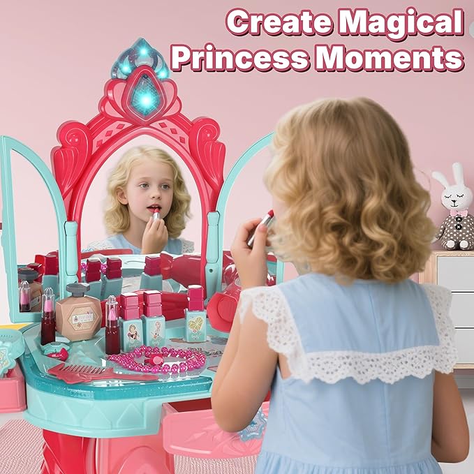 Kids Vanity Set with Mirror, Lights & Music – Princess Makeup Vanity Table & Stool with Hair Dryer & Accessories, Pretend Play Beauty Salon Toy for Girls Ages 3–6 Birthday Gift (Blue)