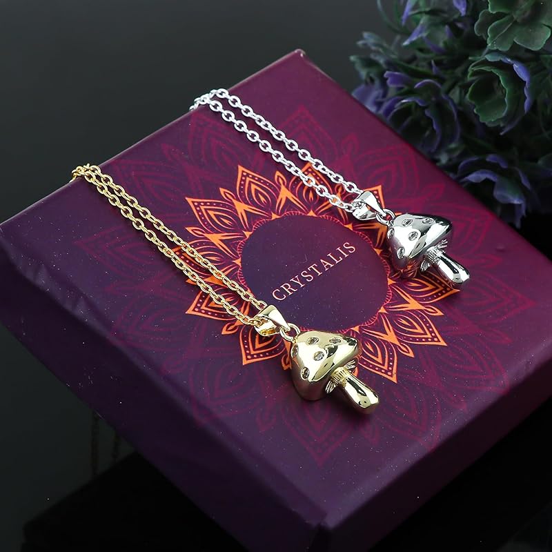 JOR Mushroom Charm Pendant Necklace, Women Jewelry, Dainty Gold & Silver Plated Chain Combo 18 inch (Pack of 2)