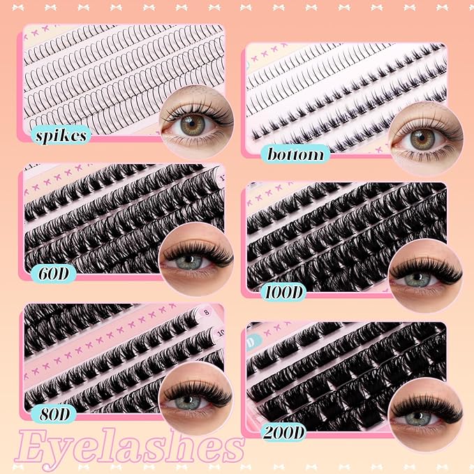 GEMERRY 4-in-1 Lash Clusters Spikes Clusters and 2 Styles Bottom Lashes 60D/80D/100D/200D Cluster Eyelash Extensions for DIY at Home(8-16mm)