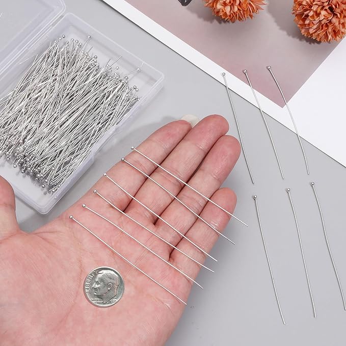 200 Pcs 70mm/2.76 Inch 21 Gauge Eye Pins for Jewelry Making Head Pins Ball Pins, Yumttero Straight Eye Pins for Craft Earring Bracelet Necklace Pendant Jewelry Making (Ball Pins,Platinum Color)