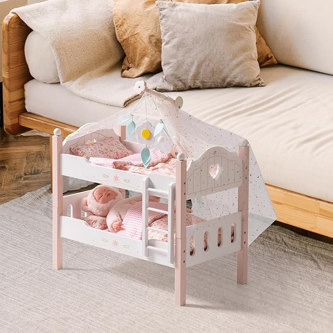 ROBOTIME Baby Doll Bunk Beds, Wooden Baby Doll Crib, Stackable Doll Bed Toy, High18 inch Dolls Furniture Fits American Girl 3+ (Pink, 2 Pcs Beds)