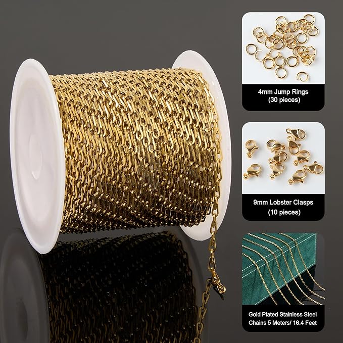 UMAOKANG 16.4 Feet Gold Plated Chain for Jewelry Making Stainless Steel Link Chain Bulk with Jump Rings Lobster Clasps