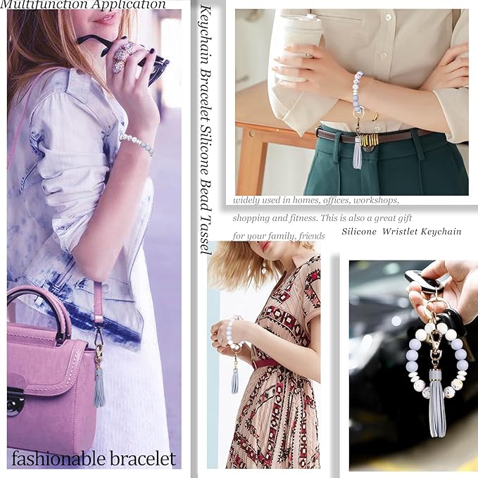 BIHRTC Key Ring Bracelet Car Keychain Holder Wristlet Silicone Women Beaded Bangle Chains