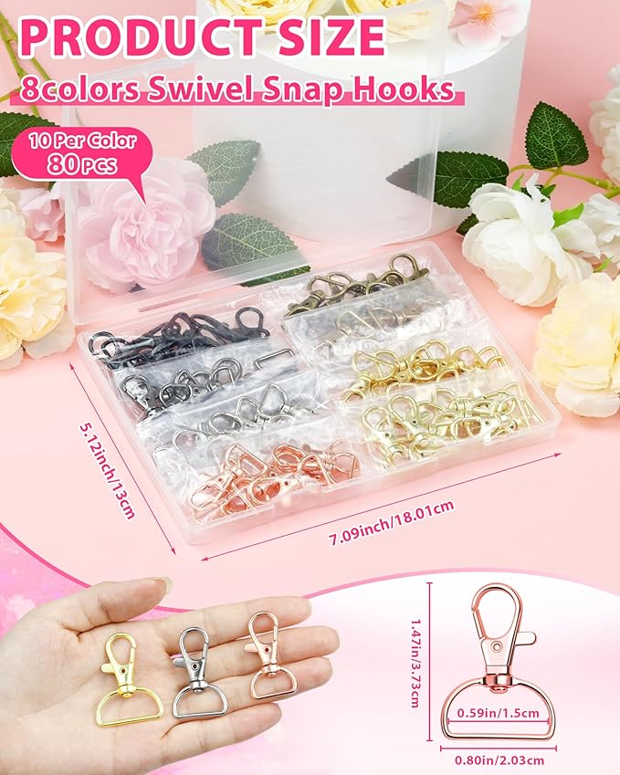 FIVEIZERO 80Pcs Swivel Clasp Hooks, 8 Colors Metal Swivel Snap Hooks, 15mm Keychain Clasps, Purse Hardware for Bag Making, Lanyard Clips, DIY Crafts, Swivel Clips for Keychains, Purses,Accessories