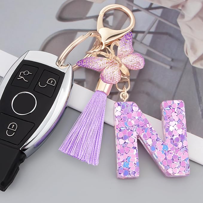 Initial letter Keychains for Women Girls Tassel Butterfly Cute Keychain for Wallet Backpack charm