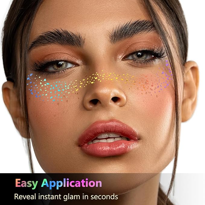 HyperFun 12Pcs Face Glitter Freckles, Face Glitter Fake Freckles Sticker, Gold Holographic Multichrome Waterproof Sparkle Freckles Makeup Patches for Women Rave Festival Accessories Concert Party Prom