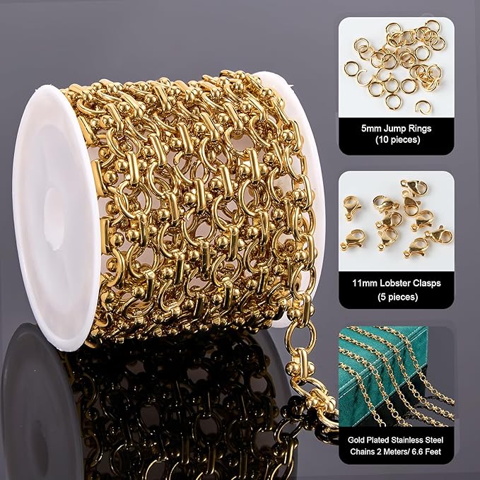 UMAOKANG 2 Meters Gold Plated Stainless Steel Chains for Jewelry Making Circle Link Chain on Spool with Jump Rings and Lobster Clasps