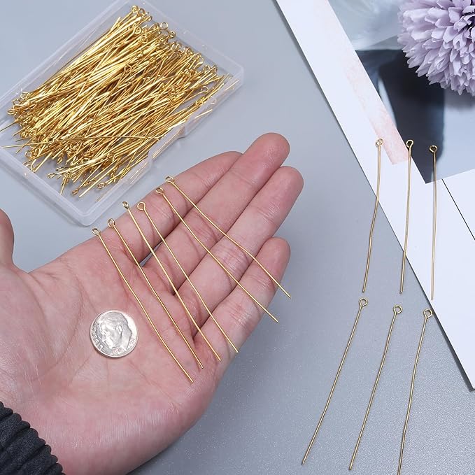 200 Pcs 70mm/2.76 Inch 21 Gauge Eye Pins for Jewelry Making Straight Head Ball Pin for DIY Christmas Styles Craft Earring Bracelet Necklace Pendant Making (Eye Pins,Gold Color)