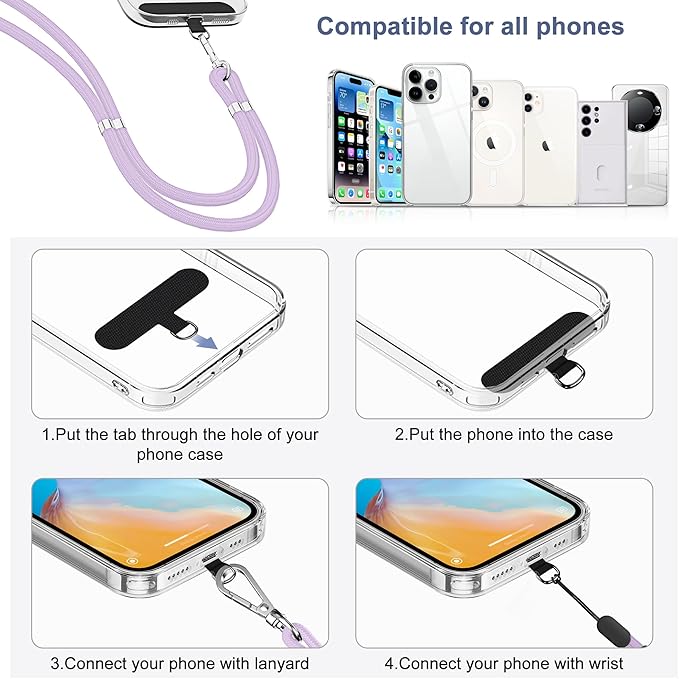 takyu Phone Lanyard, 2 Pack Adjustable Cell Phone Lanyard Crossbody Neck Strap & 2 Pack Phone Wrist Strap with Tether Tabs Compatible for iPhone Android Smartphones-Black Purple