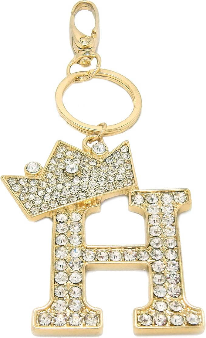 CBC Crown Crystal Rhinestone Letter Initial Keychain, Gold Metal, Bag Charm with Key Ring Approx. 2.17" x 2.56"