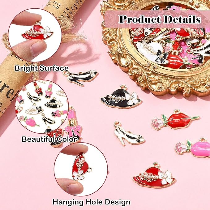 Stiesy 45 Pcs Lady Theme Alloy Enamel Charms Lip Hat High-heeled Shoes Lipstick Shape Dangle Charms Pendant for DIY Jewelry Making Necklace Bracelet keychain Crafts