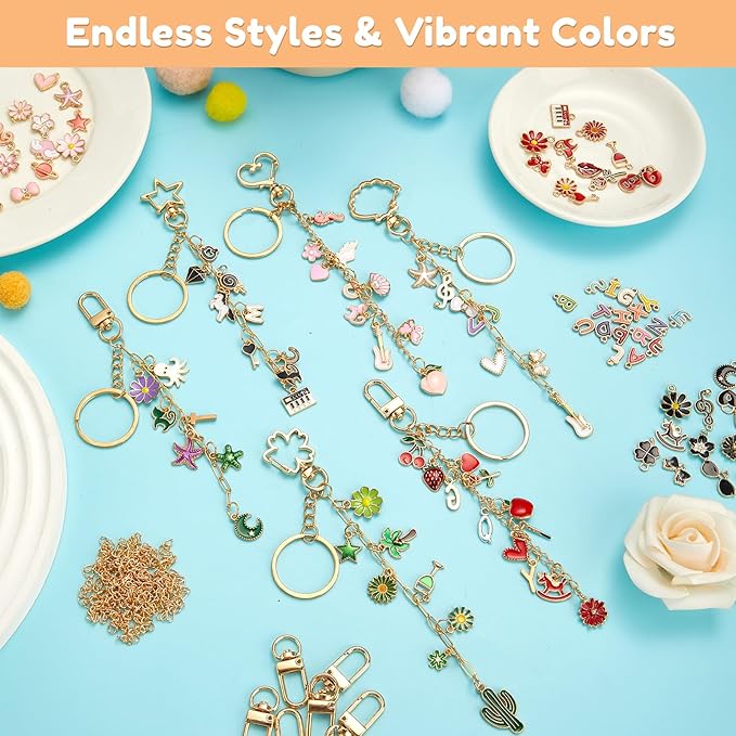 524Pcs DIY Keychain Making Kit with 218 Charms, Including 24 Keychain Clips Hooks 30 Extender Chain 200 Jump Ring Jewelry Plier Jewelry Making Supplies for Custom Key Ring Set Christmas Crafts Gifts