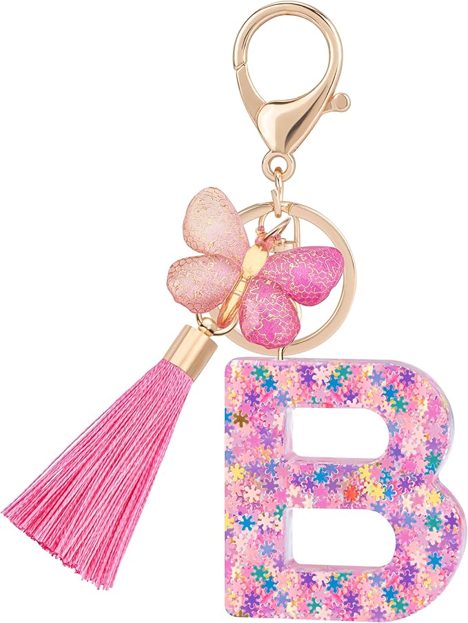 Suweibuke Cute Pink Key Chains for Women Girls, Initial Letter Keychains with Tassel, Charms for Key Purse Handbags Backpacks