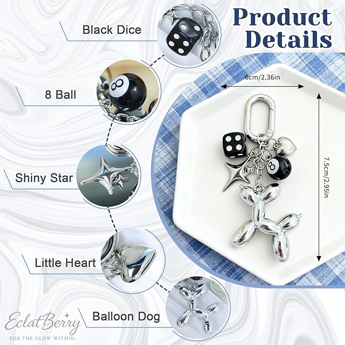 Silver Balloon Dog Keychain Silver Bag Charm Cute Y2K Keychain 8 Ball Dice Charm for Women Girls Aesthetic Charms Backpack Bag Purse Handbag Accessories