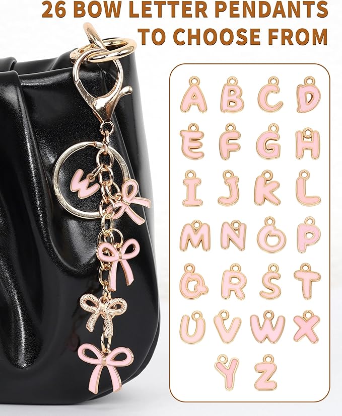 Bow Purse Charms Keychain - Pink Bow Alphabet Letter Key Chain, Bag Charms Wallet