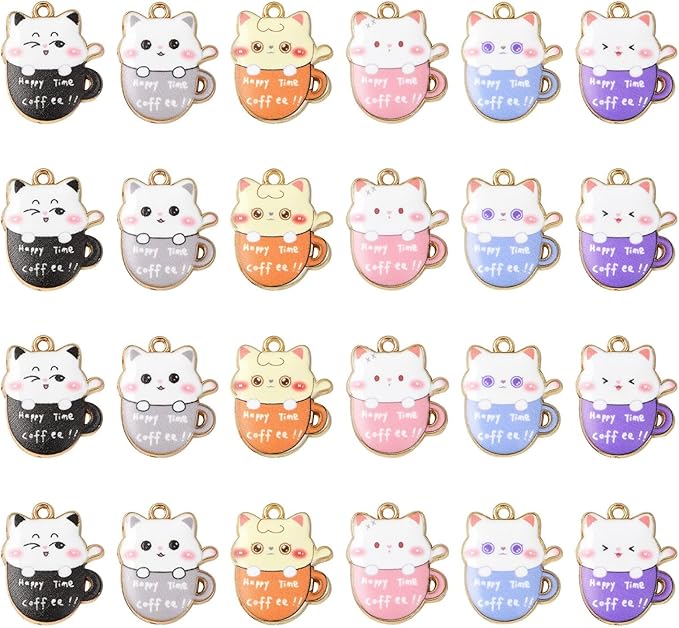 Stiesy 30 Pcs 6 Color Cat Charms for Jewelry Making Cute Kitten Animal with Coffee Cup Enamel Charm Pendants for Crafting DIY Necklace Bracelet Earring Presents