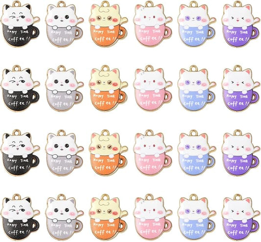 Stiesy 30 Pcs 6 Color Cat Charms for Jewelry Making Cute Kitten Animal with Coffee Cup Enamel Charm Pendants for Crafting DIY Necklace Bracelet Earring Presents