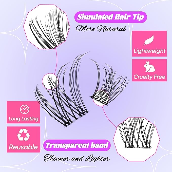Wispy Natural Lash Clusters Kit Natural Lash Invisible Lash Band Cluster Eyelash Extensions Kit 8-16mm Individual Lashes Extension DIY D Curl Eyelash with Waterproof Clear Lash Band Clusters