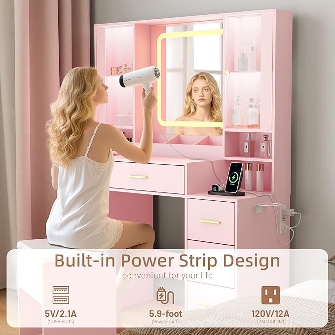 Vanity Desk with Mirror & Lights, Makeup Vanity with Power Strip & Chair, 7 Drawers & 2 Cabinets, Hair Dryer Holder, RGB Cabinet Lighting, 3-Color Dimmable Mirror, and Cushioned Stool