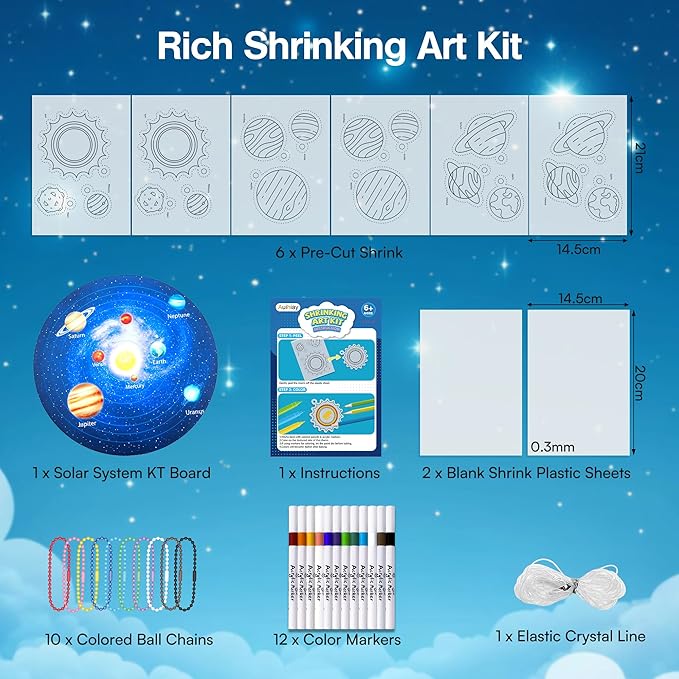 Auihiay 33Pcs Shrink Plastic Sheets Kit, 18 Pre-Cut Solar System Charms, 2 Blank Shrink Papers, 12 Color Markers, Planet-Themed KT Board for Window Hanging Decor
