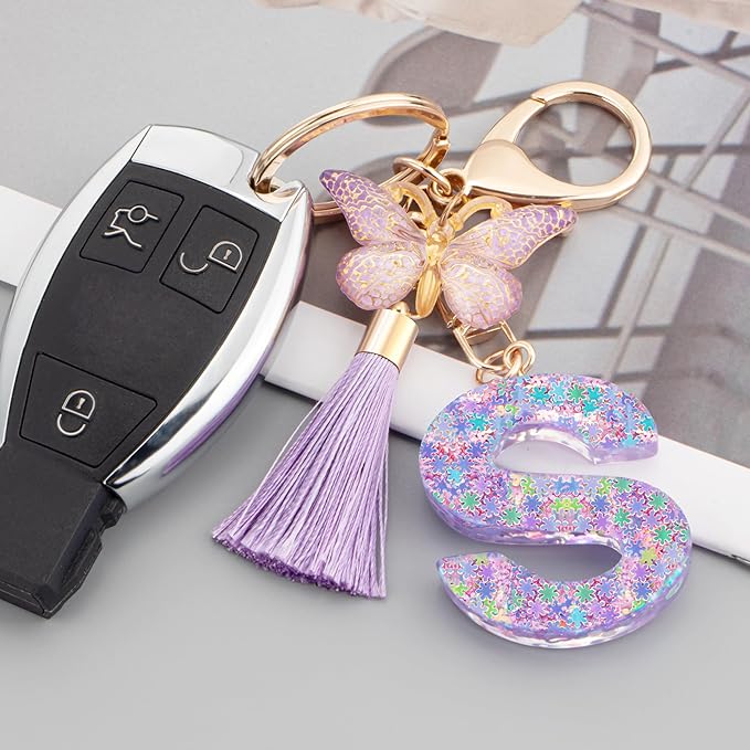 Suweibuke Cute Pink Key Chains for Women Girls, Initial Letter Keychains with Tassel, Charms for Key Purse Handbags Backpacks