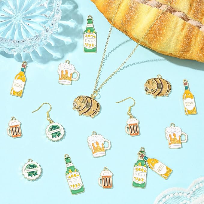 Stiesy 30 Pcs 6 Styles Enamel Beer Charms Bulk Cup of Beer Pendants Drink Bottle Carnival Oktoberfest Charms for DIY Necklace Earring Bracelets Keychain Dangle Decoration