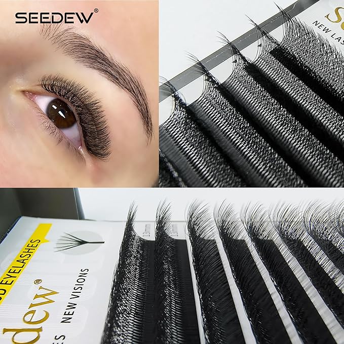 SEEDEW 6D Lash Extensions, 0.07mm D Curl MIX8-15mm 12 Rows/Tray, W Shape Flat Stem, PBT Mega Volume Eyelash Grafting for Beginner Artist, Lash Tech, Beauty Salon(6D-Matte Black-0.07-D-MIX8-15mm)