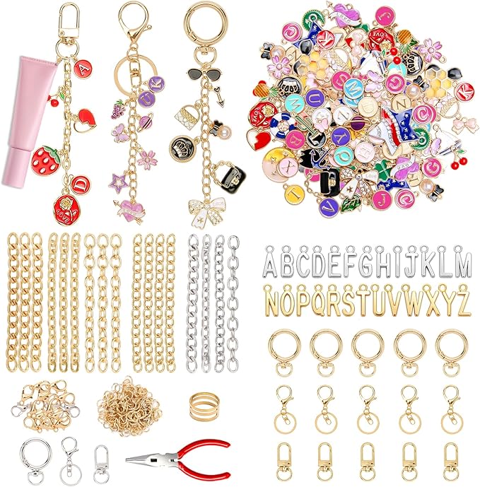 360 Pcs Charms Lip Gloss Keychain Making Kit,Including Key Clips, Lobster Claw Keychains, Extension Chains, Jewelry Pliers, and Bag Charm kit, Suitable for Jewelry Making Christmas gift for women