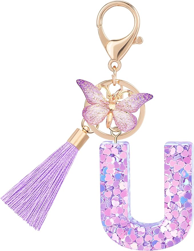 Initial letter Keychains for Women Girls Tassel Butterfly Cute Keychain for Wallet Backpack charm