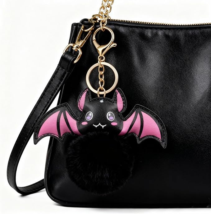 Cute Pom Pom Keychain Plush Leather Bat Keychain Halloween Bag Charms Purse Charms for Handbags Gifts for Women