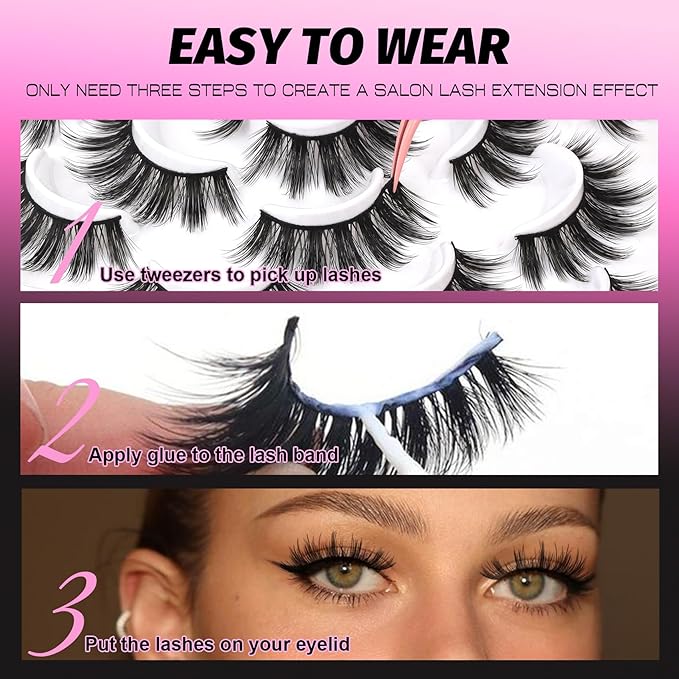 Veleasha Lashes 3D Fluffy False Eyelashes 10 Pairs Soft Faux Mink Lashes Lightweight Fake Eyelashes Wispy False Lashes Kit with Lash Glue and Lash Tweezers Handmade Strip Lashes (3D07 Kit)