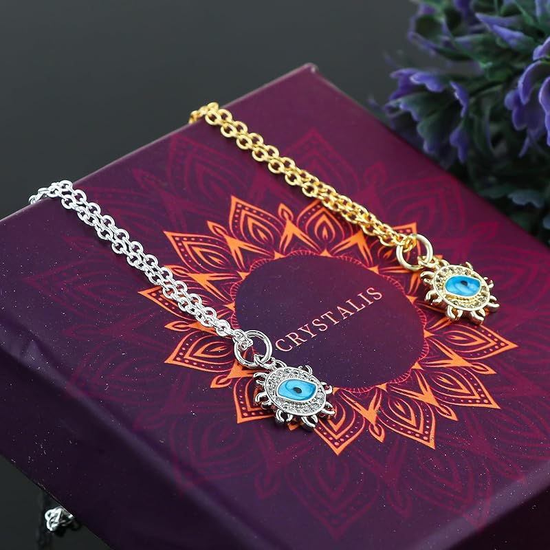 JOR Evil Eye Charm Pendant Necklace, Women Jewelry, Dainty Gold & Silver Plated Chain 18 inch (Pack of 2)