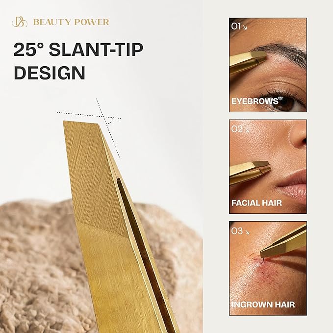 Beauty Power Professional Tweezers Set – Slant & Point, Ultra Precision German Stainless Steel Tweezers for Eyebrows, Chin, Ingrown Hair & Facial Grooming – Lightweight with Travel Case (Matte Gold)