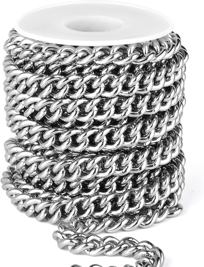 16.5 FT Stainless Steel Curb Chain Roll, 8mm 304 Stainless Steel Flat Twisted Links Curb Chains Bulk Spool for Jewelry Making Necklace DIY Craft