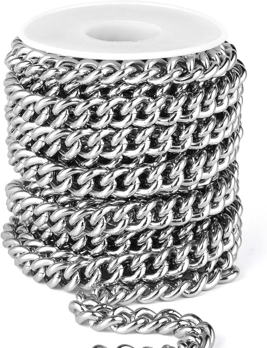 16.5 FT Stainless Steel Curb Chain Roll, 8mm 304 Stainless Steel Flat Twisted Links Curb Chains Bulk Spool for Jewelry Making Necklace DIY Craft