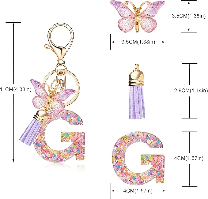 Fashion Alphabet Initial Letter Keychain Tassel Butterfly Pendant Key Ring for Purse Handbags Women Girl