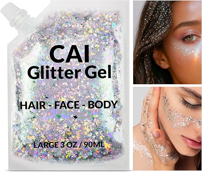 Face, Body & Hair Glitter Gel – Halloween Glitter for Kids and Women – 3 Oz Cosmetic-Grade Gel w/Moon & Stars for Festivals & Halloween Party, Easy Apply & Wash Off - Purple/Silver 2Pack
