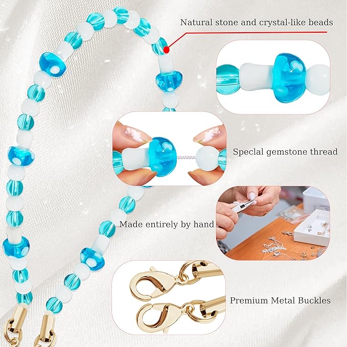 Marble Beaded Phone Wrist Strap,Detachable Phone Bracelet Strap with Tether Tab,Hands-Free Wristlet Strap (Blue Mushroom)