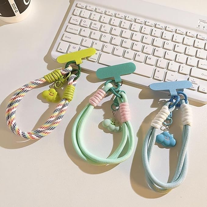 Dopamine Vibes Universal Wrist Strap - Korean-Style Short Phone Lanyard with Cute Green Durain Charm, 7mm Rope, Trendy Anti-Theft Tether for Girls, Includes Pendant & Nylon Phone Tab