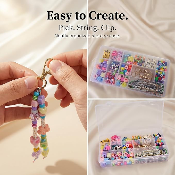 PinEther DIY Bag Charm Kit & Keychain Making Kit, 421 PCS Bead & Charm Set with A–Z Letter Beads, Strings & Clasps, Beaded Bag Charm Kit for Women & Adults, DIY Accessories, Gift Ready