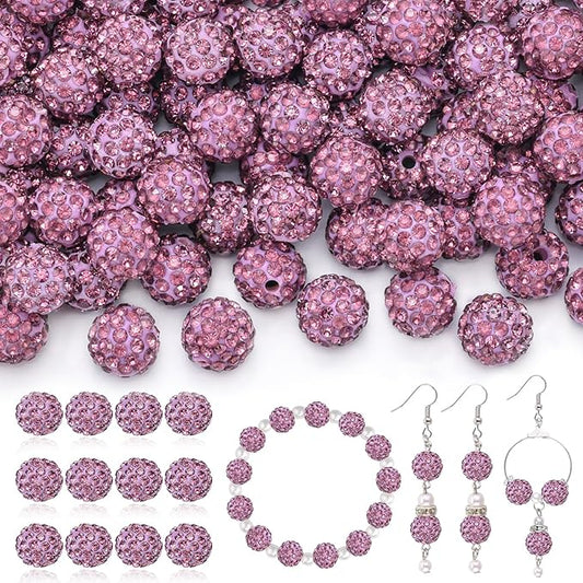 120pcs 10mm Rhinestone Beads for Jewelry Making, Light Purple Shiny Round Shamballa Disco Ball Beads, Sparkle Crystal Clay Christmas for Bracelet Baseball Necklace Earring Crafting and DIY