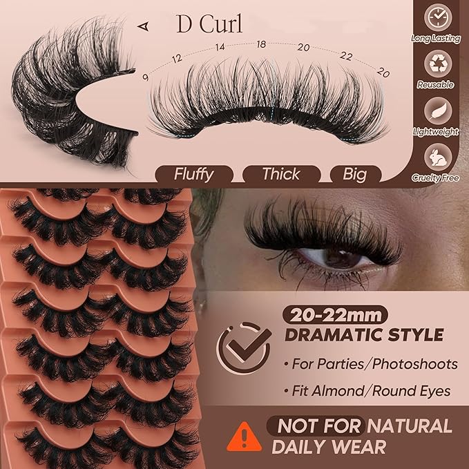 Mink Lashes Fluffy False Eyelashes 20-22mm Dramatic Volume Eyelash Full Eye Lashes 8D D Curly Fake Eyelashes 7 Pairs Faux Mink Lashes Multipack by TOOCHUNAG