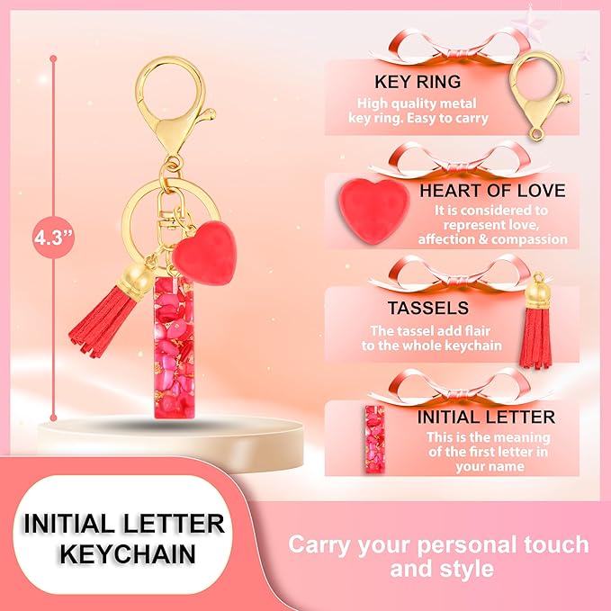 Initial Keychains for Women with Cute Heart Resin - Alphabet Letter Keychain for Bag, Backpacks, Purse or Car key