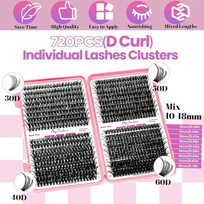 Qiveaory DIY Lash Extension Kit with 720pcs Lashes Clusters,1X/2X Magnification Compact Mirror with Light,Lash Bond and Seal,Eyelash Remover Tweezers Applicator Mascara Brush(10-18mm,30-60D Curl)