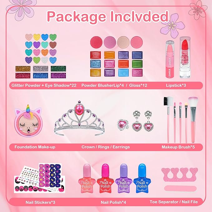 Kids Makeup Sets for Girls 5-8, 68 Pcs Kids Makeup Kit for Girls Non-Toxic Washable Real Cosmetic Set, Play Make Up Kit, Toddlers Birthday Gifts Princess Toys for 3 4 5 6 7 8 9 10 11 12 Year Old