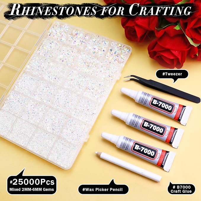 Bulk 25000PCS Transparent Clear AB Resin Jelly Rhinestones, Mixed 2mm 3mm 4mm 5mm 6mm Flatback Rhinestones for Crafting Tumblers Bags Shoes Graduation Cap Celebration Bling with B7000 Glue