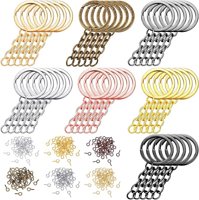 250 Pieces Keychain Rings Including 35 Pieces Keychain Rings and Jump Rings and 180 Pieces Screw Eye Pins for Jewelry Making (Mixed Colors,25 mm)
