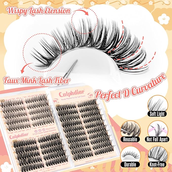 Cat Eye Lash Clusters Wispy Eyelash Clusters 30D+40D+50D Individual Lashes 400pcs Light & Right Cluster Eyelash Extensions D-curly Lash Extension 8-18mm Natural Lashes Clusters for Beginners